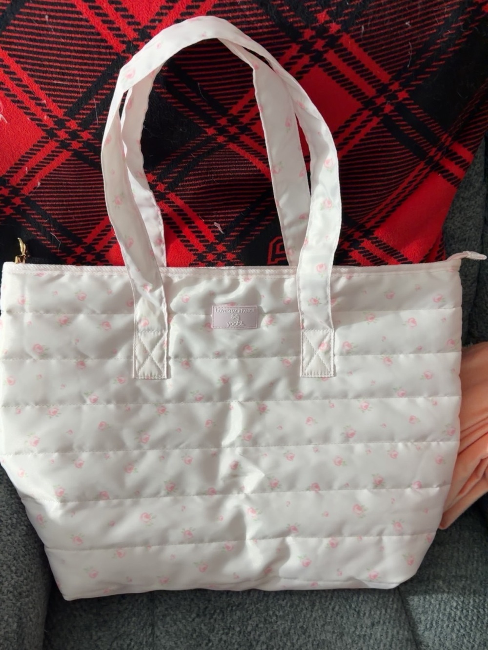 LoveShackFancy White Quilted Tote with Pink Rose Print